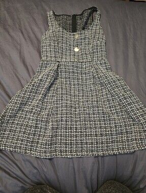 Shein Black and White Tweed A-Line Dress with Gold Buttons